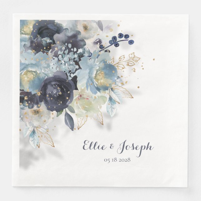 Serviette En Papier Dusty Blue Navy Peony Sparkling Gold Floral (Devant)