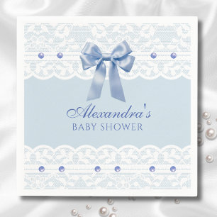 Serviette En Papier Dusty Blue Pearls Satin Bow Baby shower en dentell