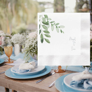 Serviette En Papier Dusty Blue Personnalisé Noms Mariage blanc