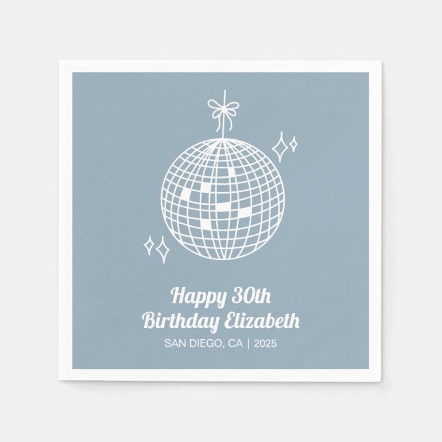 Serviette En Papier Dusty Blue Retro Disco Ball Anniversaire (Devant)