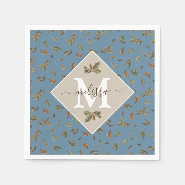 Serviette En Papier Dusty Blue Rustic Feuilles Brown Monogramme (Devant)