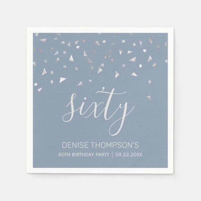 Serviette En Papier Dusty Blue Silver Confetti 60e fête d'anniversaire (Devant)