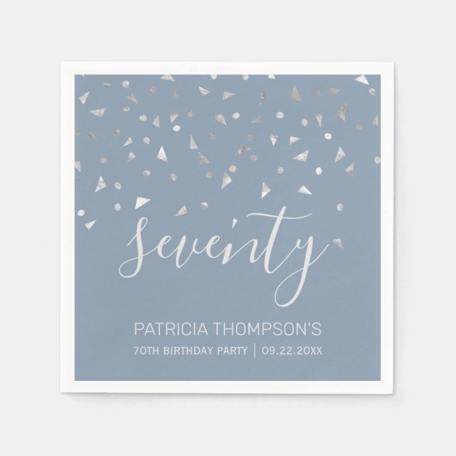 Serviette En Papier Dusty Blue Silver Confetti 70e fête d'anniversaire (Devant)