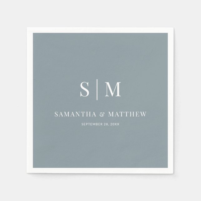 Serviette En Papier Dusty Blue Simple Elegant Couple Initiales Mariage (Devant)