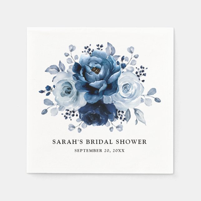 Serviette En Papier Dusty Blue Slate Navy Fête des mariées florale (Devant)