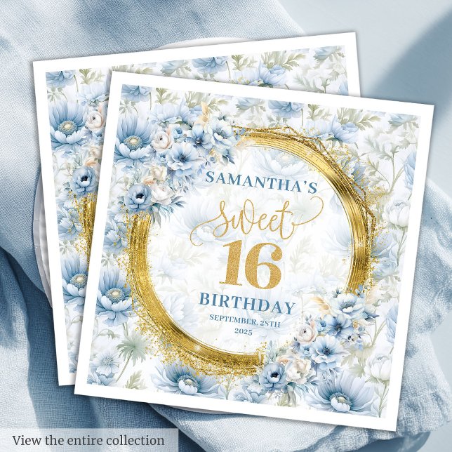 Serviette En Papier Dusty Blue Sweet personnalisé 16 Parties scintilla (Custom Dusty Blue Sweet 16 Gold Glitter Birthday Napkins)
