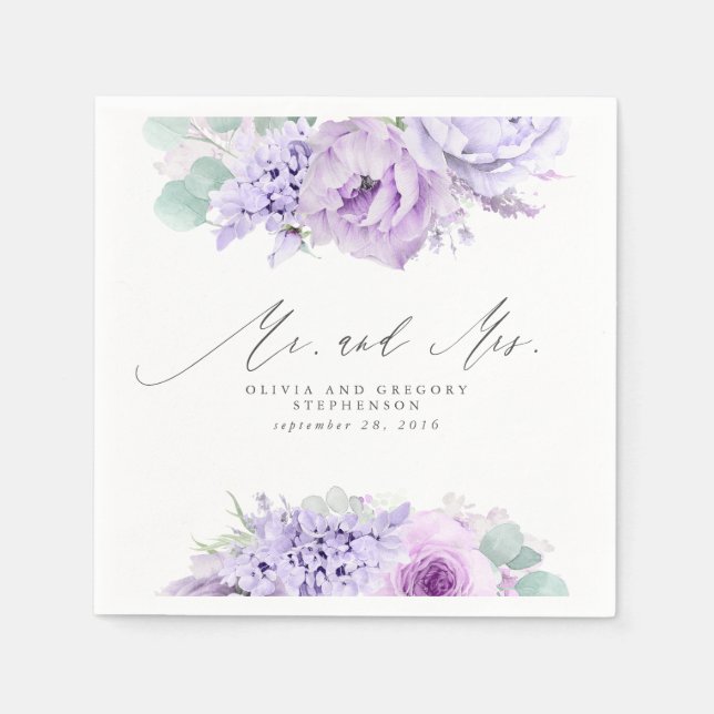 Serviette En Papier Dusty Purple Flowers Elégant Botanique M et Mme. (Devant)