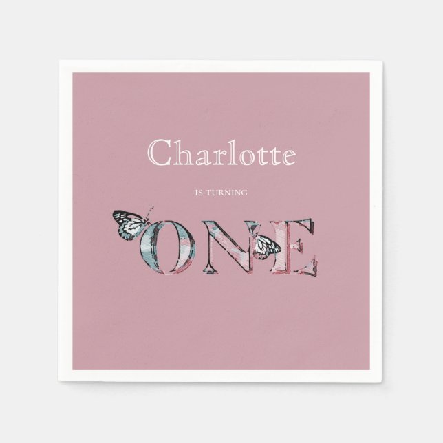 Serviette En Papier Dusty Rose 1er anniversaire avec papillons (Devant)