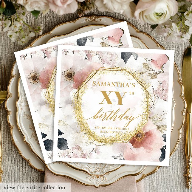 Serviette En Papier Dusty Rose Floral 90 Anniversaire serviettes perso (Dusty Rose Floral 90 Birthday Napkins Customizable)