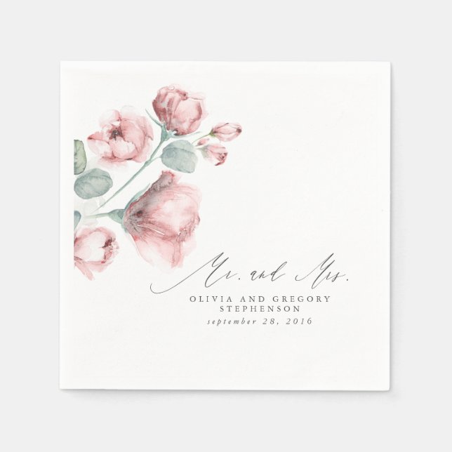 Serviette En Papier Dusty Rose Floral Élégant M. et Mme Mariage (Devant)