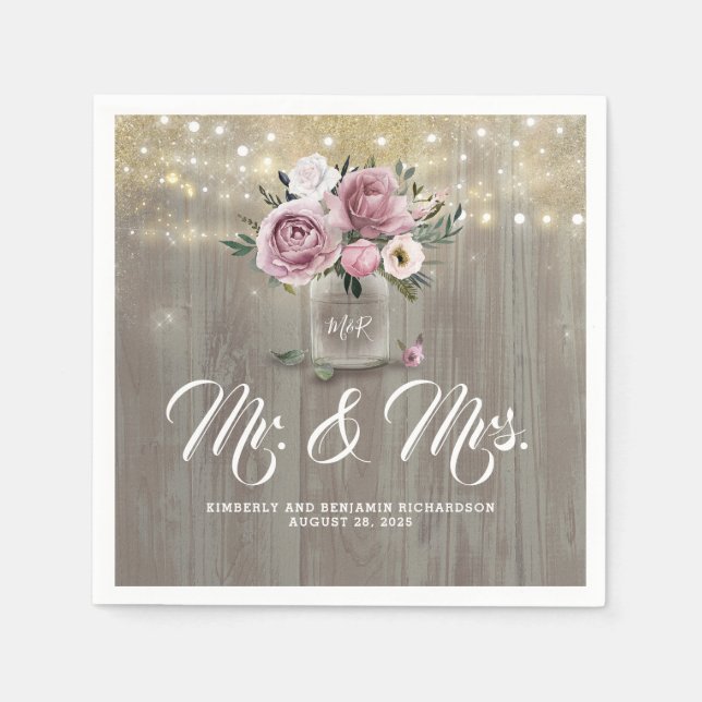 Serviette En Papier Dusty Rose Floral Mason Jar rustique Pays Bois (Devant)
