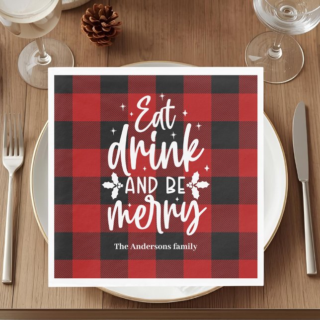 Serviette En Papier Eat Drink & Be Merry Red Buffalo Plaid Christmas  (Créateur téléchargé)
