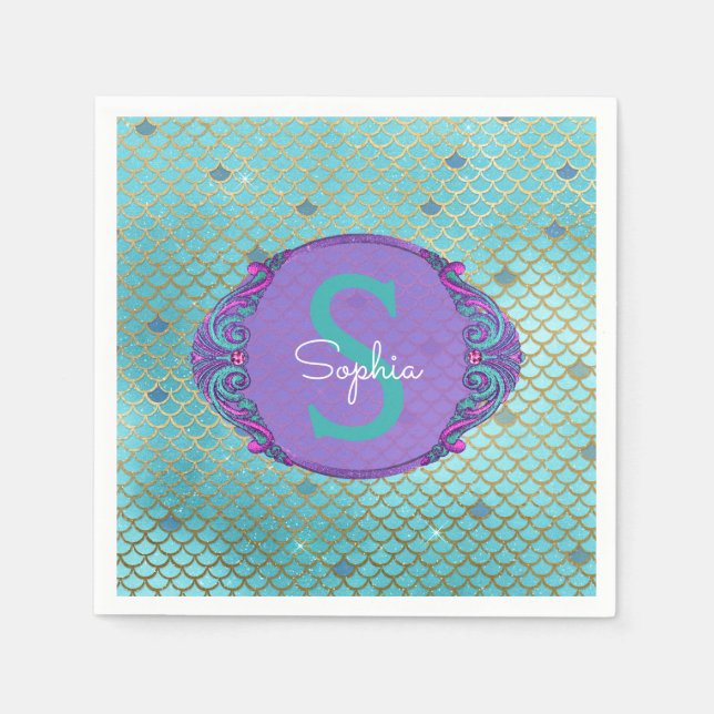 Serviette En Papier Échelle de sirène turquoise et violette Monogramme (Devant)