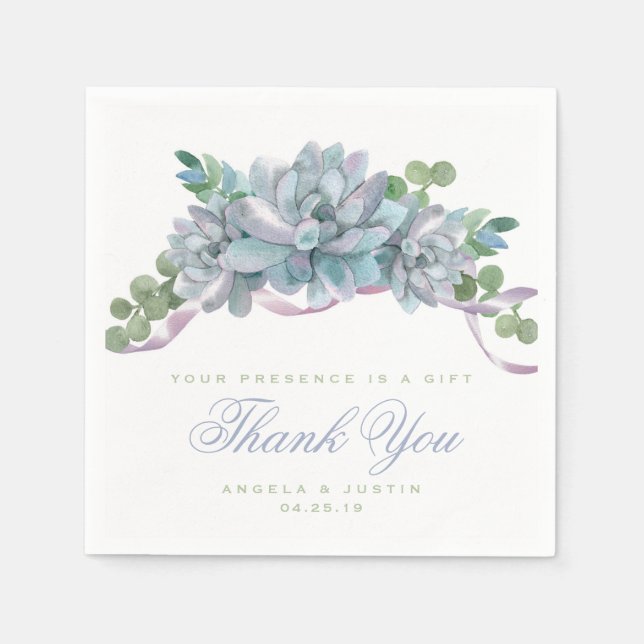 Serviette En Papier Echeveria d'aquarelle avec ruban pourpre (Devant)