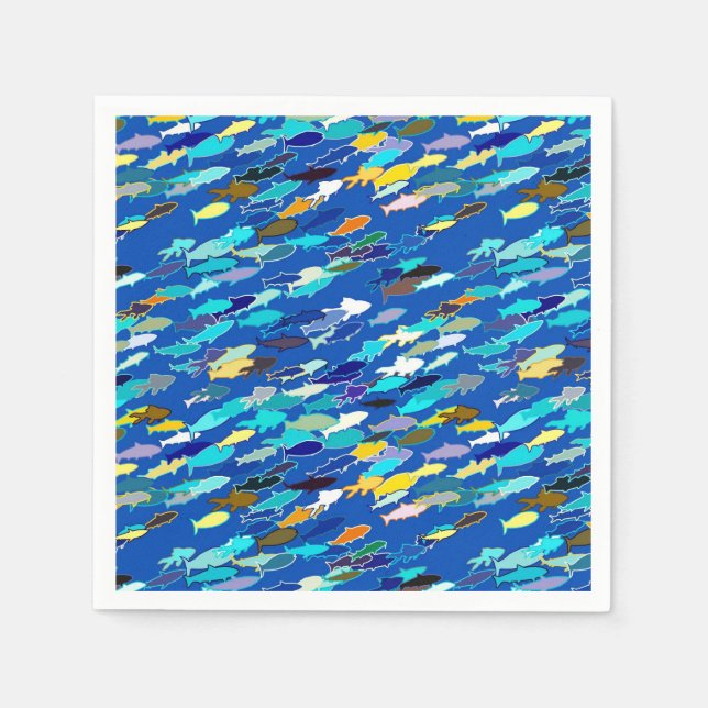 Serviette En Papier École de poisson, bleu foncé, blanc et turquoise (Devant)