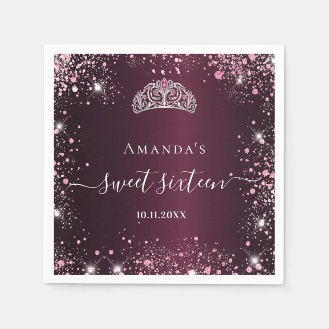 Serviette En Papier Écriture de nom de tiare rose Bourgogne Sweet 16 (Devant)