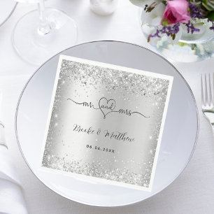 Serviette En Papier Ecriture élégante en argent m. mrs mariage coeur