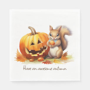 Serviette En Papier Écureuil d'automne à l'aquarelle avec citrouille d
