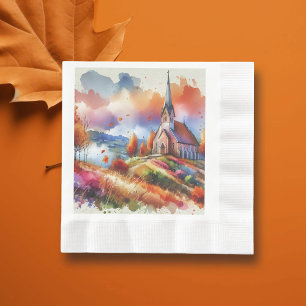 Serviette En Papier Église aquarelle le jour d'automne