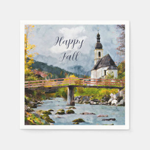 Serviette En Papier Église d'automne et arbres avec texte personnalisa