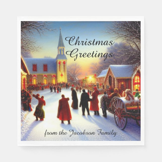 Serviette En Papier Église de village nostalgique Visite Noël Salutati (Devant)