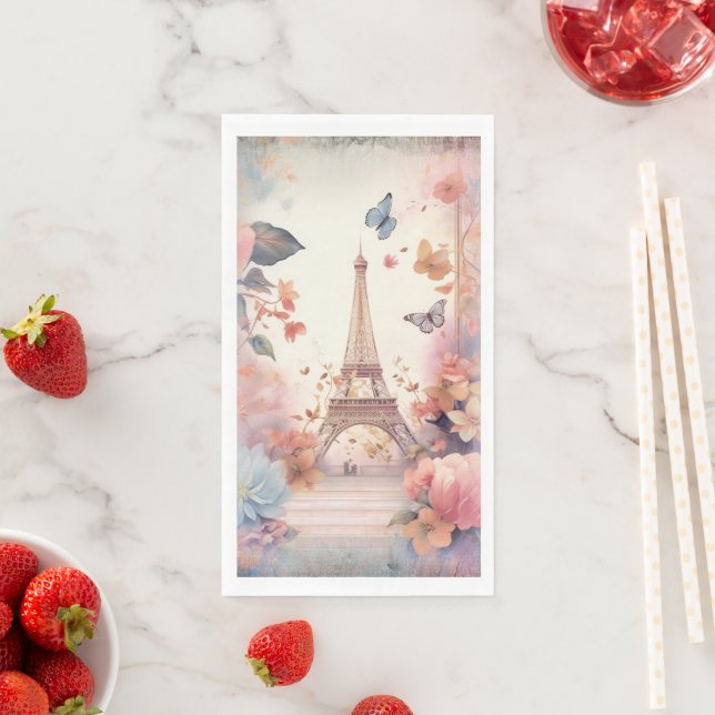 Serviette En Papier Eiffel Tower Butterflies and Flowers (En situation)