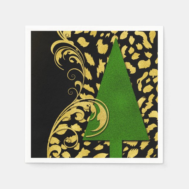 Serviette En Papier Élégance des fêtes en or noir et vert (Devant)