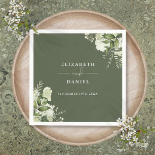 Serviette En Papier Élégance Florale Végétale Mariage Vert Olive