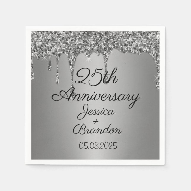Serviette En Papier Élégant 25e anniversaire Mariage d'argent Couple (Devant)