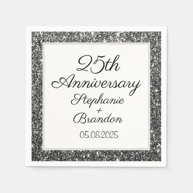 Serviette En Papier Élégant 25e anniversaire Mariage d'argent moderne (Devant)