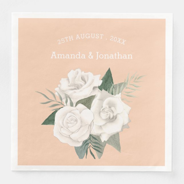 Serviette En Papier Élégant Apricot Crush et Mariage de Roses Blanches (Devant)