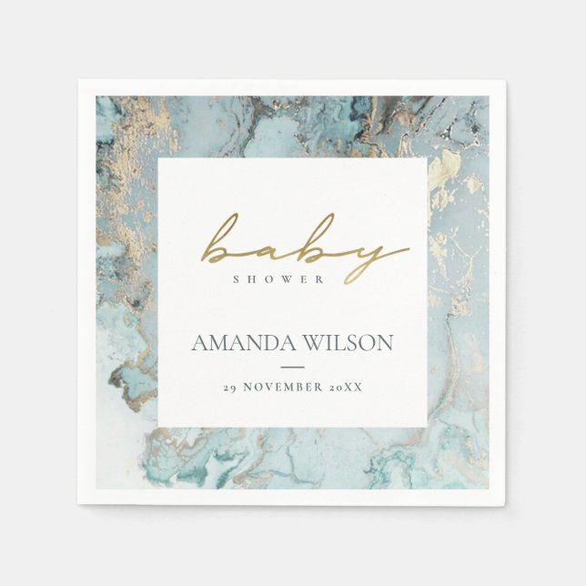 SERVIETTE EN PAPIER ÉLÉGANT AQUA DUSKY BLUE GOLD AGATE BABY SHOWER (Devant)