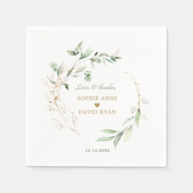 Serviette En Papier Elégant aquarelle Airy Feuilles Mariage or (Devant)