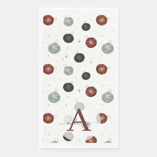 Serviette En Papier Élégant Aquarelle Baubles Monogramme Noël (Devant)