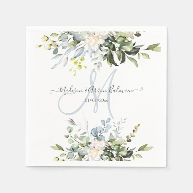 Serviette En Papier Elégant aquarelle bleu gomme Eucalyptus Monogramme (Devant)