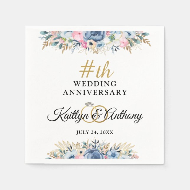 Serviette En Papier Elégant aquarelle Floral Anniversaire Personnalisé (Devant)