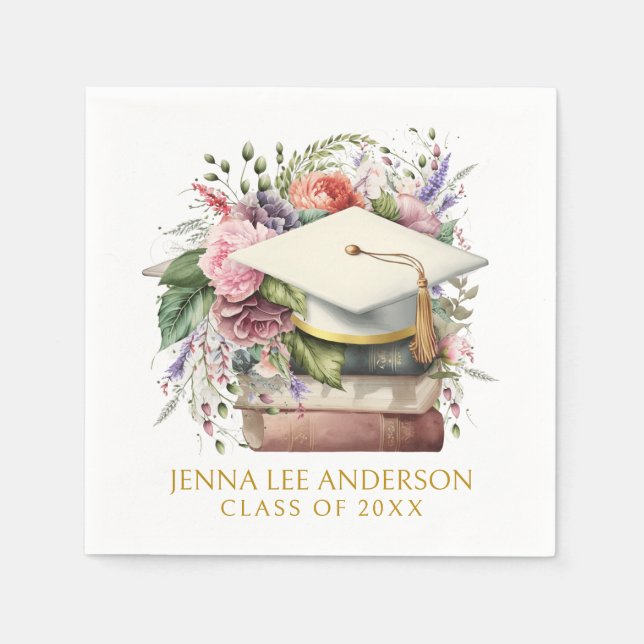 Serviette En Papier Elégant aquarelle Floral Blanc Casquette Graduatio (Devant)