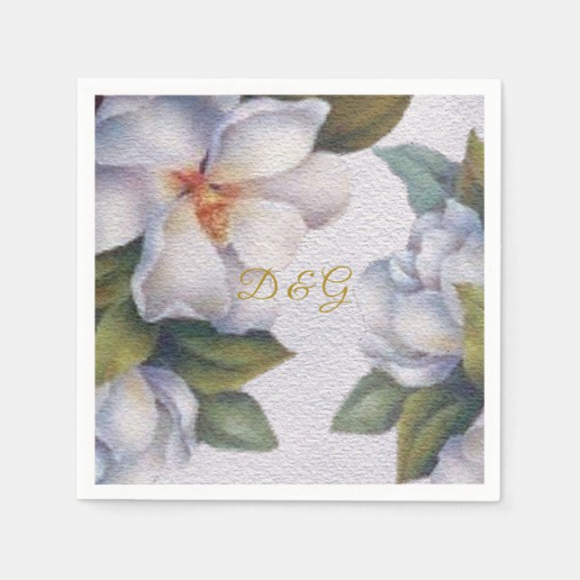 Serviette En Papier Elégant aquarelle ivoire Magnolia or Monogramme (Devant)
