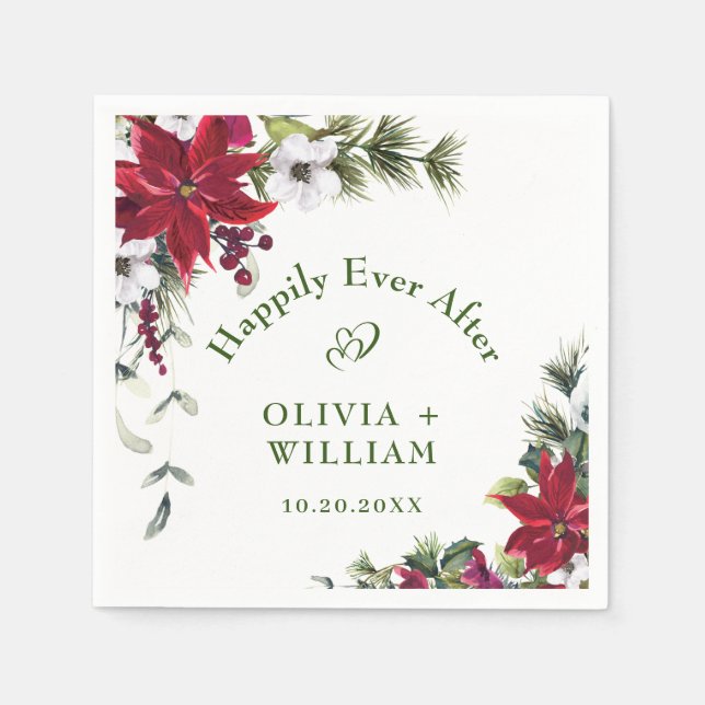 Serviette En Papier Elégant Aquarelle Rouge Poinsettia Mariage de pin (Devant)
