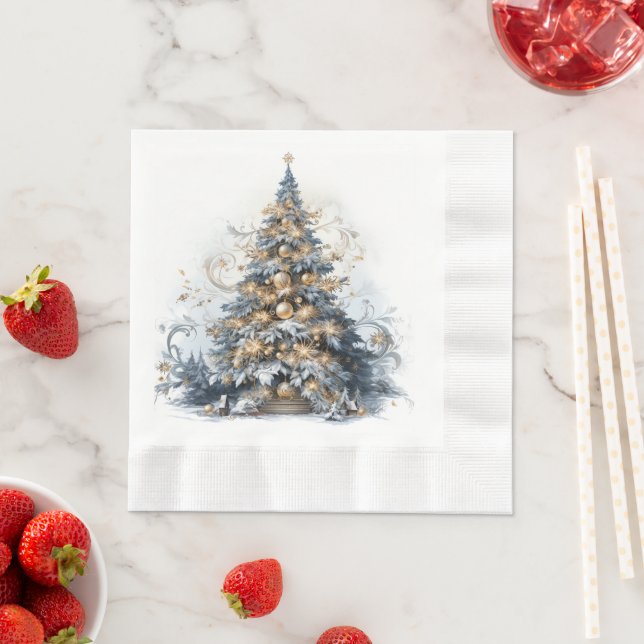 Serviette En Papier Élégant Arbre de Noël Or Ornements Neige (En situation)