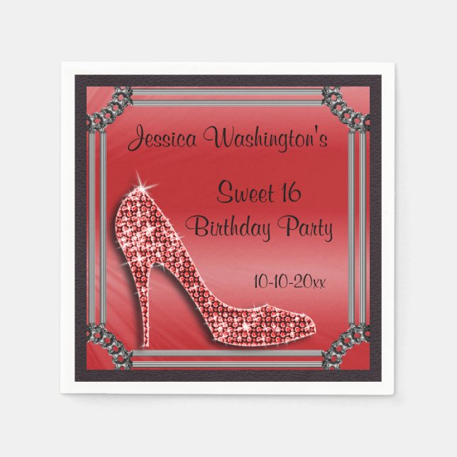 Serviette En Papier Elégant Argent encadré Rouge Stiletto Sweet 16 (Devant)