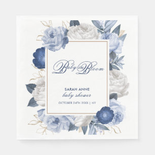 Serviette En Papier Elégant Baby shower à fleurs bleu et blanc
