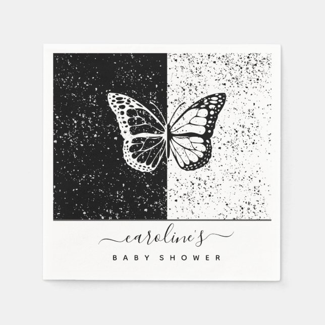 Serviette En Papier Élégant Baby shower à papillon noir et blanc point (Devant)