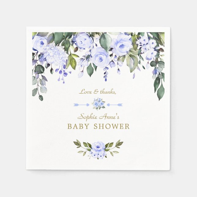 Serviette En Papier Elégant Baby shower Aquarelle Bleu Fleurs (Devant)