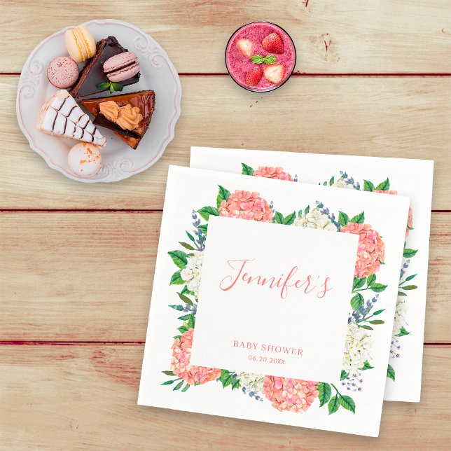 Serviette En Papier Élégant Baby shower Botanique Blanc Rose Hydrangea (Créateur téléchargé)