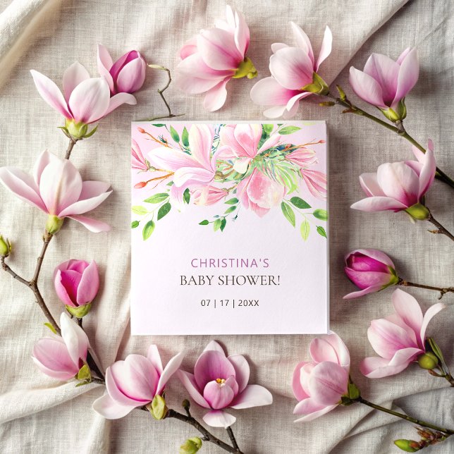Serviette En Papier Elégant Baby shower d'aquarelle rose Magnolia (Elegant Pink Magnolia Watercolor Baby Shower Napkins)