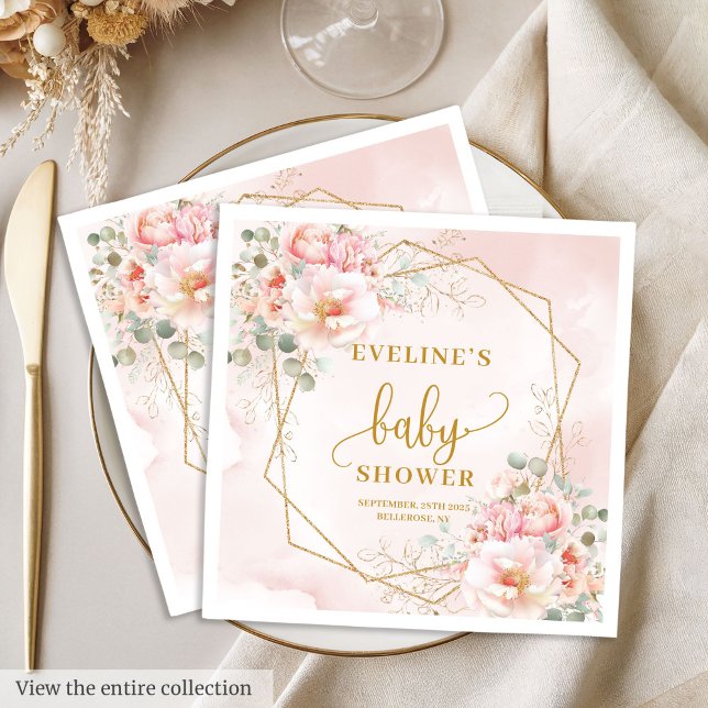 Serviette En Papier Élégant baby shower déjeuner rose roux (Elegant blush pink peonies baby shower luncheon Napkins)