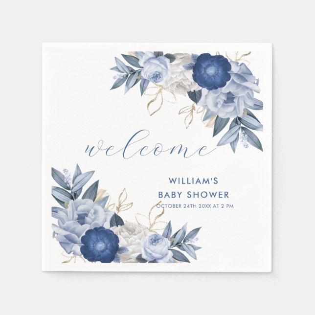 Serviette En Papier Elégant Baby shower floral d'aquarelle bleue (Devant)