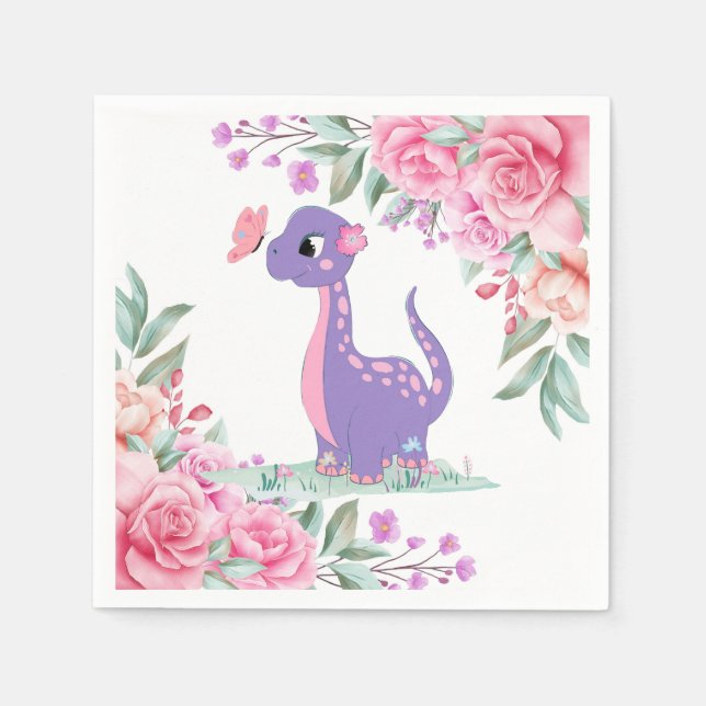 Serviette En Papier Élégant Baby shower Papillon Dinosaure Rose Violet (Devant)