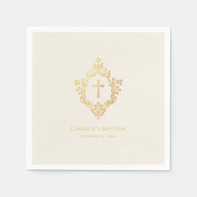 Serviette En Papier Elégant Baptême Croix d'or Faux en Crest Ivory (Devant)